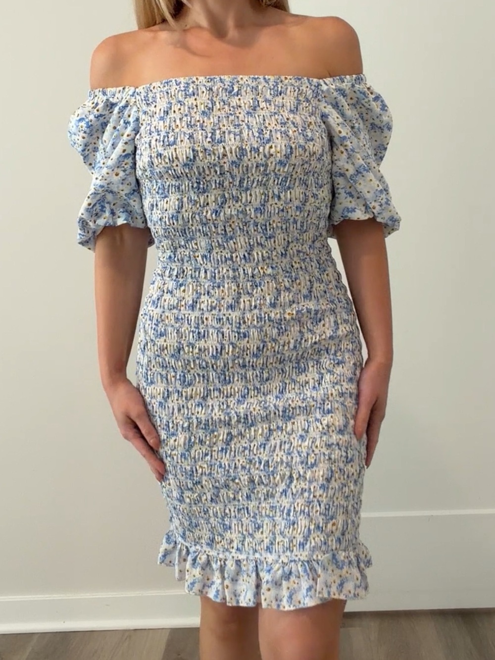 Blue Floral Smocked Off Shoulder Puff Sleeve Mini Dress